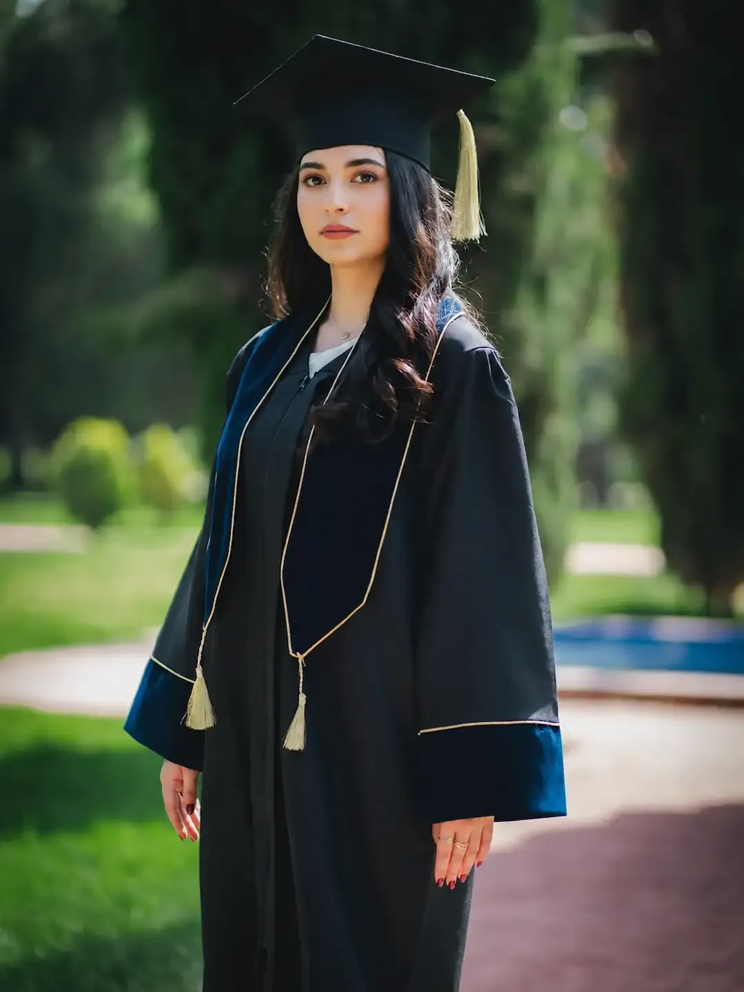 Étudiante portant une toge universitaire avec écharpe bleue et mortier